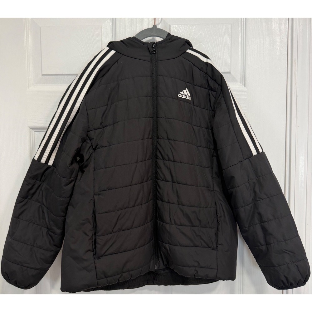 Adidas Kids Puffer Jacket Black Hooded 3-Stripes Insulated Youth M 10/12
